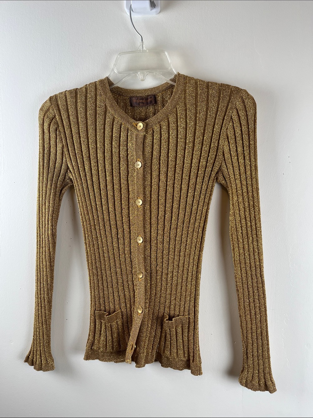 Saint Laurent Gold Metallic Ribbed Button Cardigan